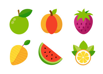 Flat design fruit icons guava apricot strawberry mango watermelon lemon