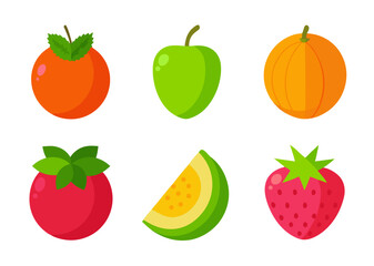 Six colorful flat style fruits illustration