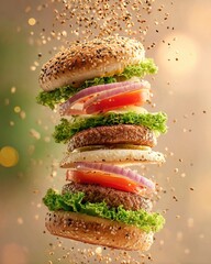 Hamburger with flying ingredients. Ai Generative