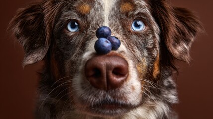 Charming blue-eyed dog delicately balancing blueberries in a playful moment against a soft brown backdrop