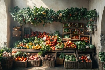 Vegetable market stall displays an array of fresh produce, featuring tomatoes, lettuce, cucumbers, broccoli, various herbs, and preserved goods on wooden shelves