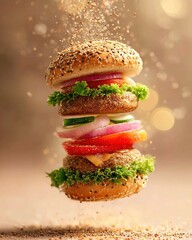 Hamburger with flying ingredients. Ai Generative