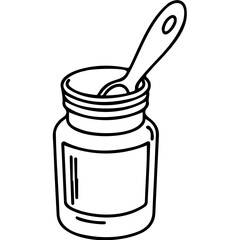 Measuring spoon in jar for dietary supplements in line art style  