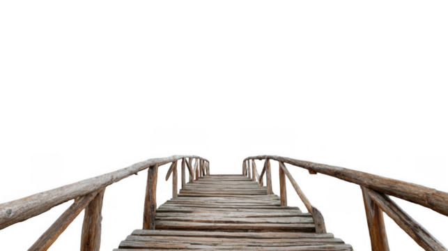 Perspective view of a wooden bridge leading toward an unknown destination, isolated on a transparent background, perfect for creative image compositing and artistic projects