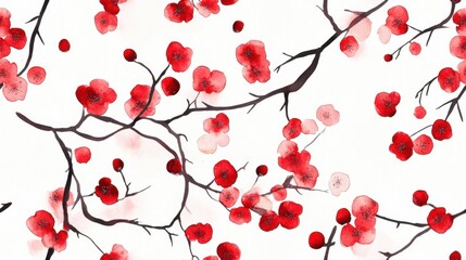 Cherry blossom branches with vibrant red flowers on a white background