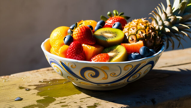Sunlight streams over a hand-painted ceramic bowl filled with a vibrant mix of diced fruits—pineapple, grapes, melon, and papaya—casting playful shadows