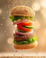 Hamburger with flying ingredients. Ai Generative