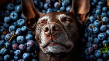 Joyful dog relaxes in a sea of blueberries, delighting in nature's bounty and warmth of a sunny day