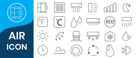 Air icon set. Containing ventilation, air conditioner, fan, wind, blow, oxygen, breathe, CO2, pollution and more. Vector solid icons collection.