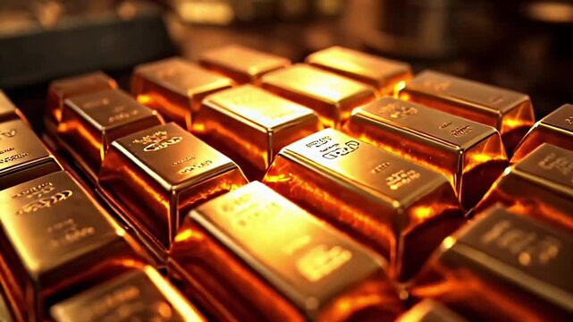 Stacks of shiny gold bars are arranged closely together, reflecting warm golden light in a luxurious display.
