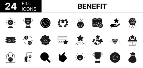 Collection of 24 Benefit fill icons featuring editable strokes. These outline icons depict various modes of Benefit, reward, star, gift, bonus, line, loyalty, vector, incentive, coupon, money, winner,