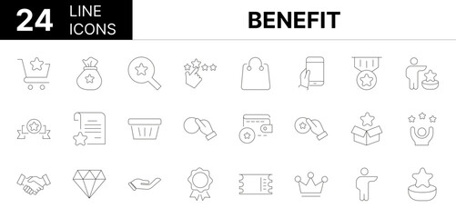 Collection of 24 Benefit line icons featuring editable strokes. These outline icons depict various modes of Benefit, reward, star, gift, bonus, line, loyalty, vector, incentive, coupon, money, winner,