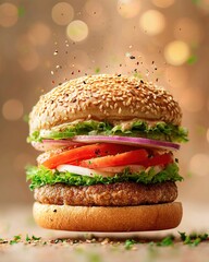 Hamburger with flying ingredients. Ai Generative