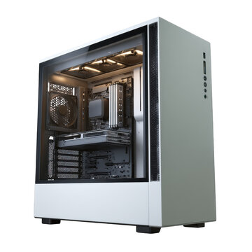 A detailed view of a white computer tower with visible internal components and glass side panel design