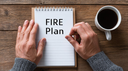 Financial Independence Retire Early concpet ,Fingers writing FIRE Plan on notepad with coffee cup nearby