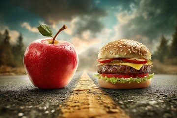 Apple and Hamburger on the road. Healthy food vs junk processed food. Generative Ai