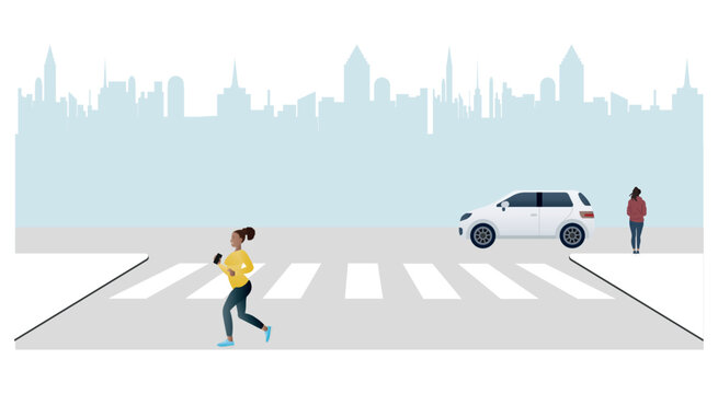 Crossing at unauthorized places.Woman running on crosswalk while distracted by phone, car waiting