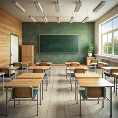 Empty classroom with wooden desks and chairs, a green chalkboard, and a sunny window