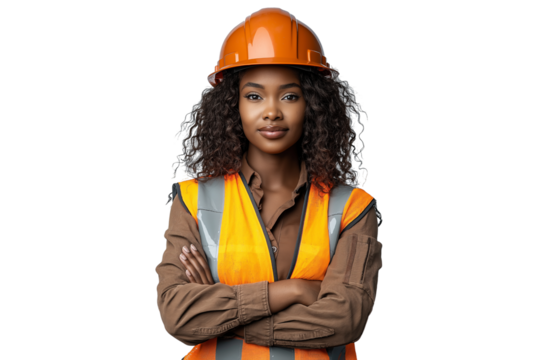 Construction worker wearing safety vest and helmet isolated on white, perfect for industry visuals and ads