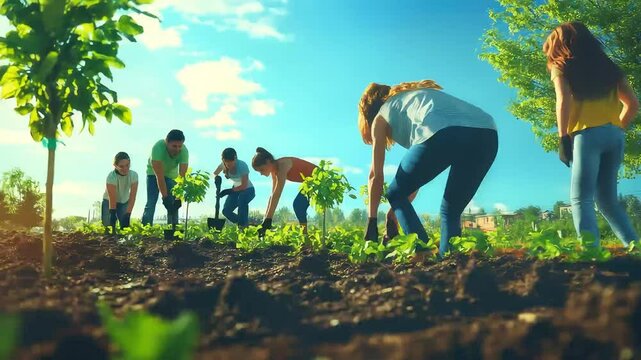 Group of people working together to plant trees on a sunny day in a reforestation project
