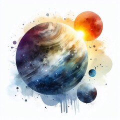 Fantasy Watercolor Planets Isolated on White. AI generated illustration