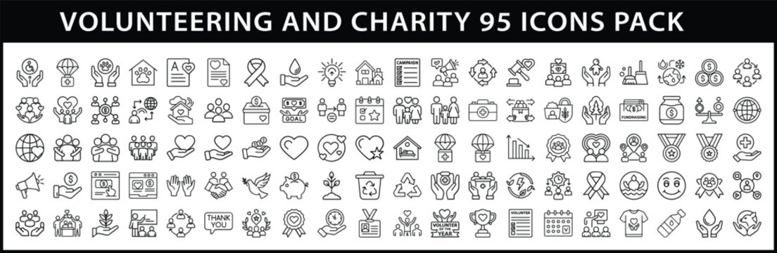 Volunteering and Charity 95 Icon Set Pack for Donation and Social Causes - Powered by Adobe