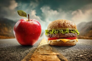 Apple and Hamburger on the road. Healthy food vs junk processed food. Generative Ai