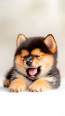 Fototapeta premium Yawning Shiba Inu puppy resting indoors on white