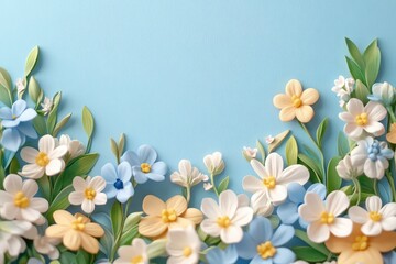 Fototapeta premium A colorful arrangement of sculpted flowers and leaves against a light blue background.
