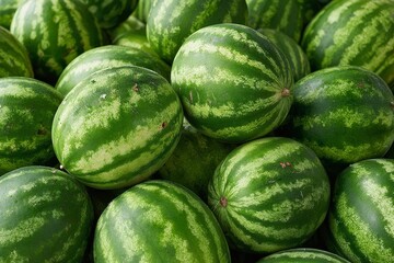 Fresh green and white striped watermelons piled outdoors, natural texture and vibrant colors, summer fruit harvest concept.