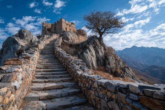 Ancient Chinese castle stone wall and steps leading to the top with blue sky, historic architecture, travel destination, scenic view.