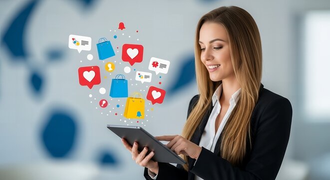 Woman smiles using tablet with shopping and social media icons