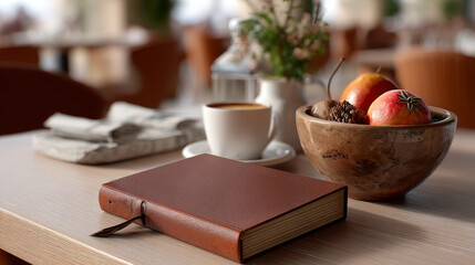 Cozy cafe setting featuring journal, cup of coffee, and bowl of fresh fruits, creating warm and inviting atmosphere