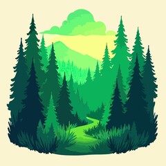 Obraz premium color illustration of a pine forest where there is a path in the sky clouds