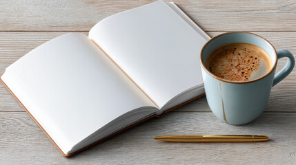 Cozy workspace featuring open notebook, cup of coffee, and pen, perfect for planning and creativity