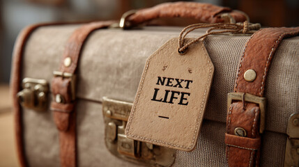 Vintage suitcase with leather tag labeled Next Life showcases blend of adventure and nostalgia. sturdy design and earthy tones