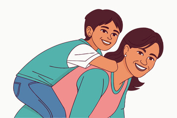 Obraz premium Happy boy piggybacking on his mother