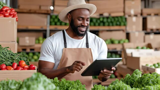 Man in tan apron looking at tablet while standing amidst fresh vegetables and fruits in vibrant market. Bright setting filled with green produce