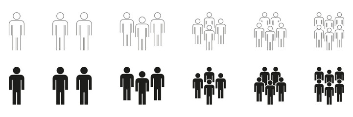 People Group Formation Icon Set. Social Interaction, Community Building, And Teamwork Outline And Silhouette Symbol Collection. Human Figures In Various Group Sizes. Isolated Vector Illustration