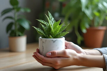 A woman's hands carefully holding a succulent plant in a pot on a wooden table. Home gardening.