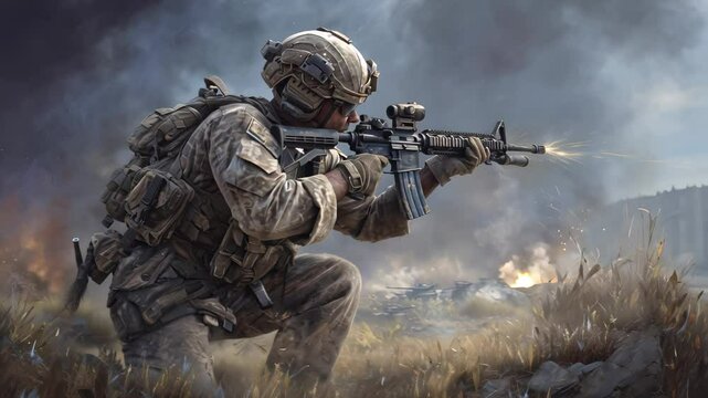 Soldier crouching and aiming firearm amid chaotic battlefield. Dramatic cloudy backdrop with smoke and explosions. Concept of military operations, tactical training, video game design