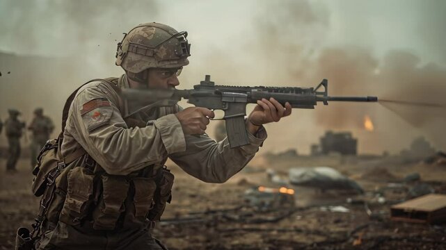 Soldier aims rifle in dramatic combat scene showcasing intense action. Dust and explosions fill the air, with military equipment in the background