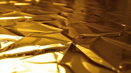 Abstract golden metal surface with reflective geometric folds, close-up macro shot, warm golden background, concept of luxury and elegance