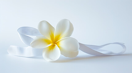 Fototapeta premium White Frangipani with Ribbon on White Background