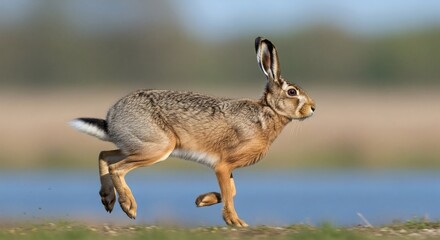 Obraz premium European Hare Running Fast Across Meadow Wildlife.
