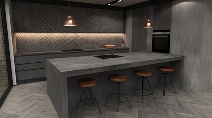 Modern, dark gray kitchen with island and bar stools