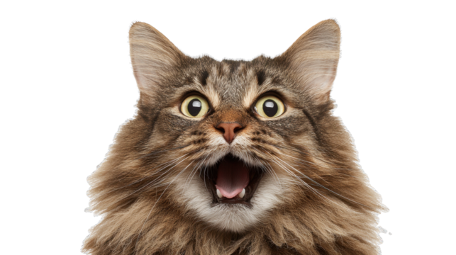 A long-haired cat with its mouth open, a very surprised expression, on a transparent background