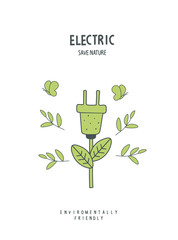 Vector illustration of Environmentally friendly planet. Hand drawn cartoon sketch of of Energy saving eco lamp. LED lamp with green leaf. Alternative green energy concept. Sustainable lifestyle.