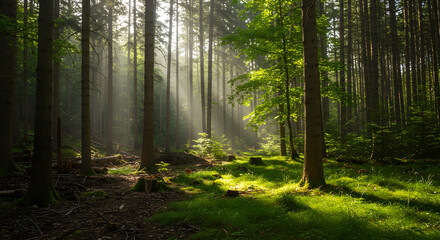 Obraz premium Sunlit Forest Path Through Mystical Morning Mist