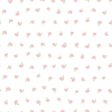 Cute floral vintage print of pink small roses flower bloom branch with leaves, ditsy and pretty simple vibe. Seamless pattern design for girl, woman, baby, fashion fabric textile. Vector illustration